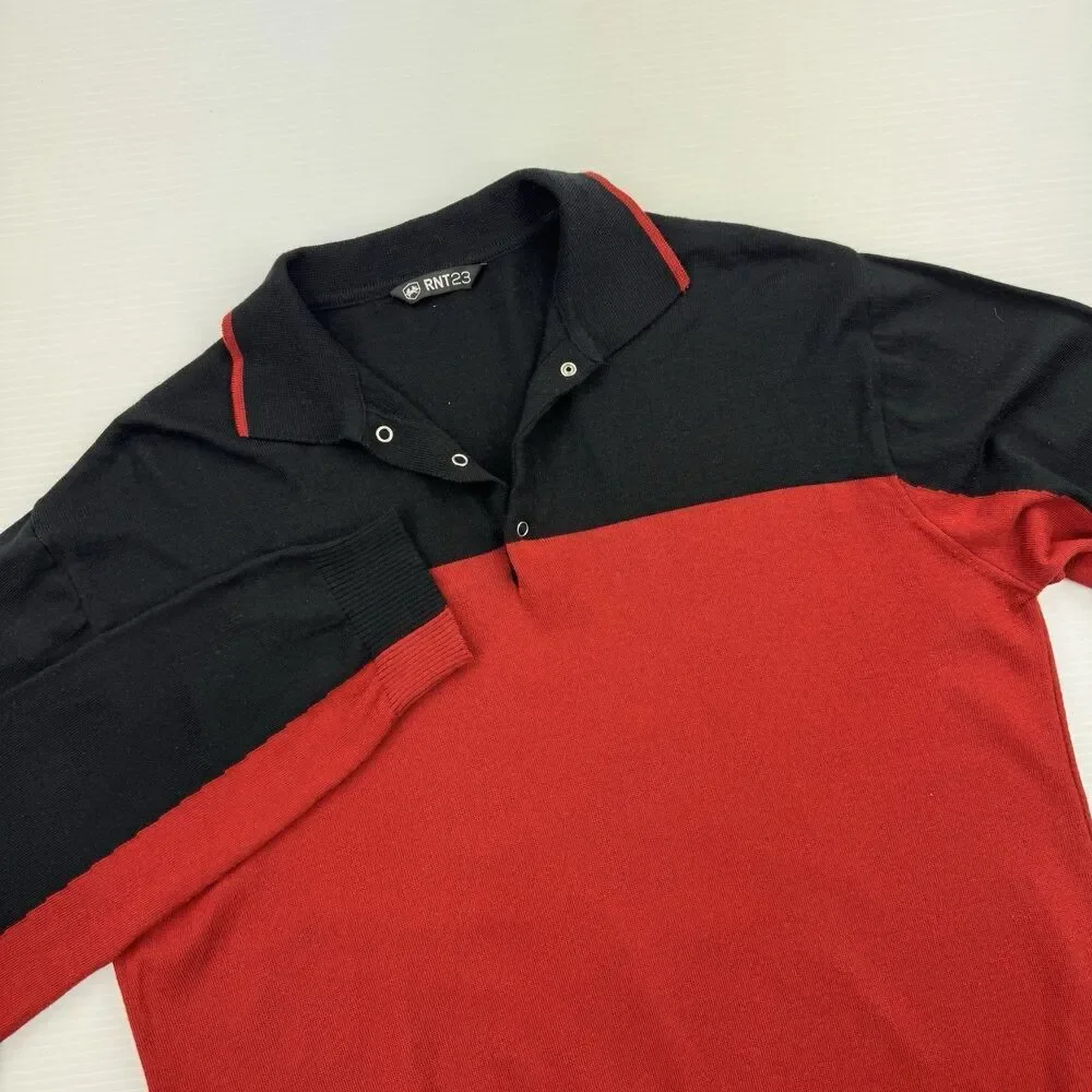 RNT23 Ron Tomson Polo Sweater Mens XL Red Black Colorblock Long Sleeve